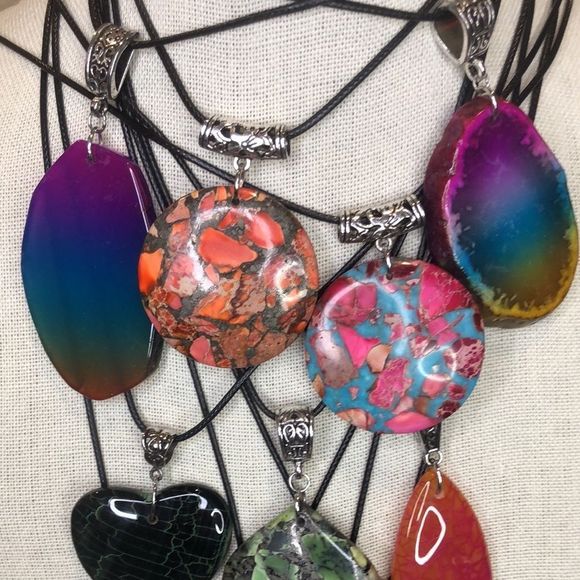 Gemstone & Fossil Pendant on Waxed Necklace w/Ornate Bail Lobster Claw Clasp - Picture 5 of 16